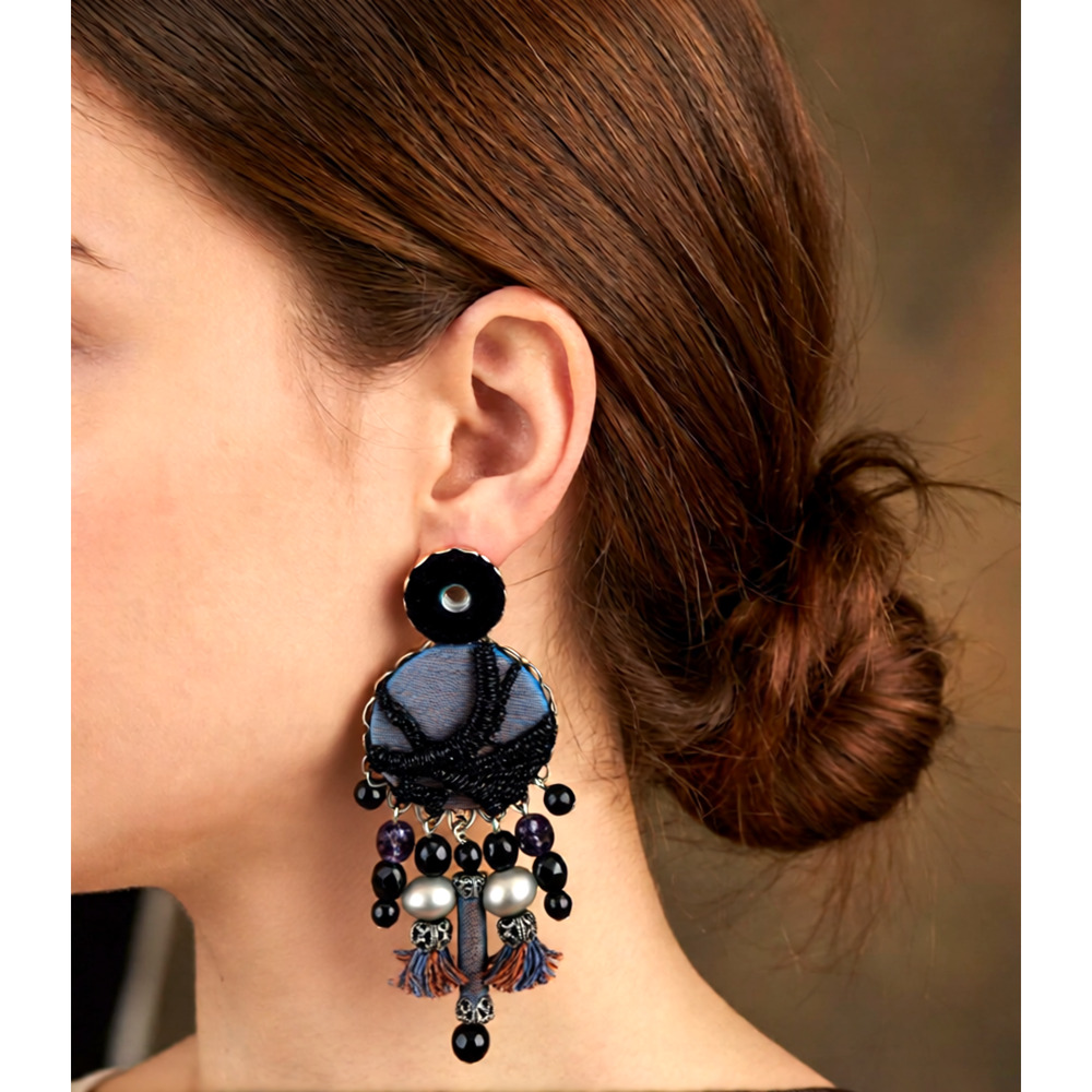 Vintage Ayala Bar Black Blue beaded eambroided embellished chandelier earrings